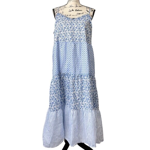 J.Crew Ruffle Tiered Dress Sleeveless Blue Floral Cotton Prairie Women XL - Picture 2 of 8